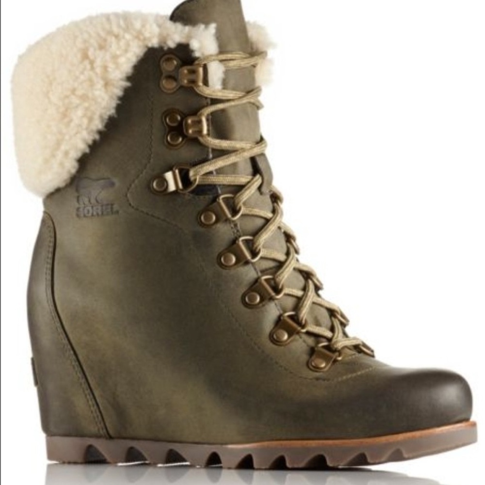 SOREL Conquest Shearling Lined Hidden Wedge Genuine Leather Lace Up Winter Boots - Picture 2 of 14